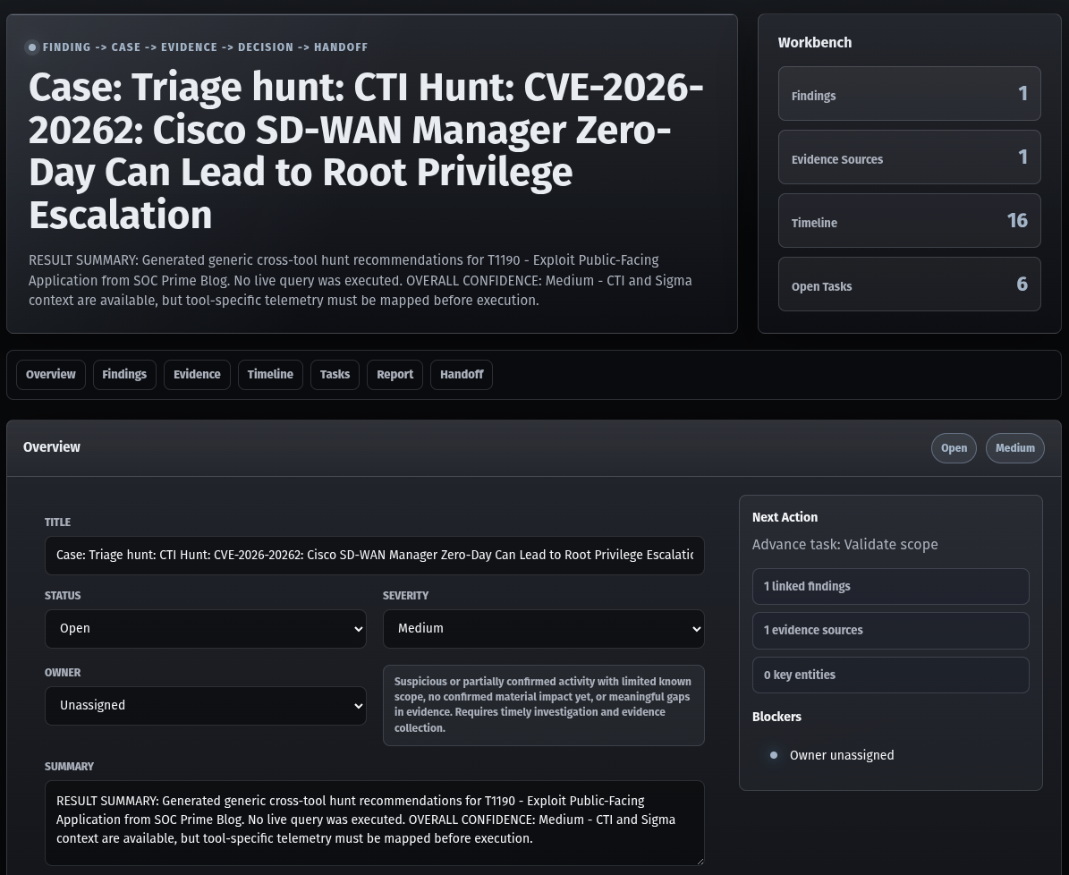 Threat Foundry case workspace with handoff and ticket context