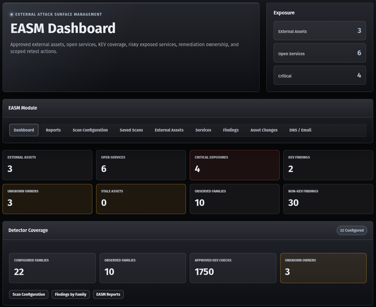 Threat Foundry EASM dashboard showing external assets, services, findings, detector coverage, and scan navigation
