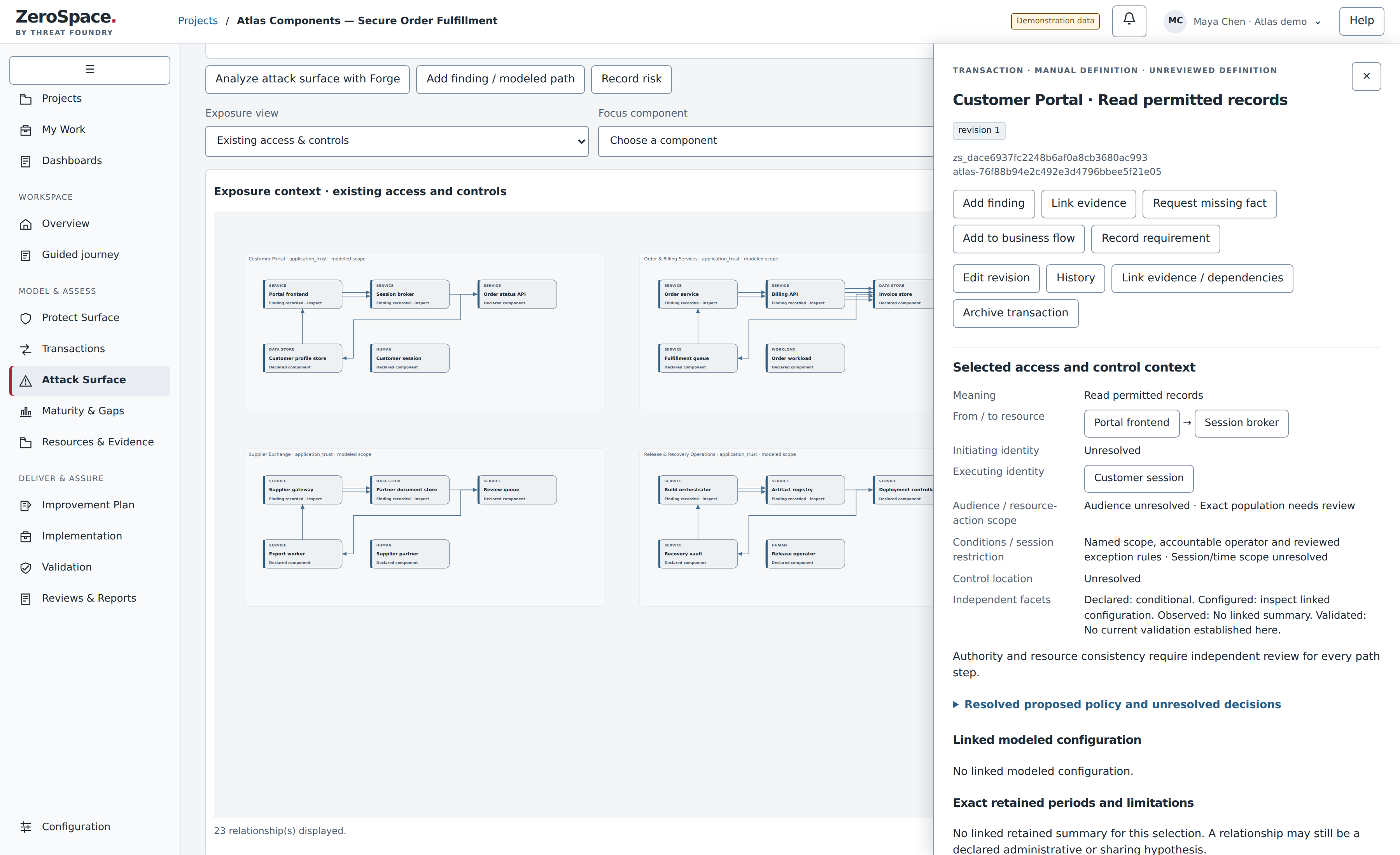 ZeroSpace Attack Surface graph beside the native access-details panel showing resources, identity, conditions and unresolved review items [s]