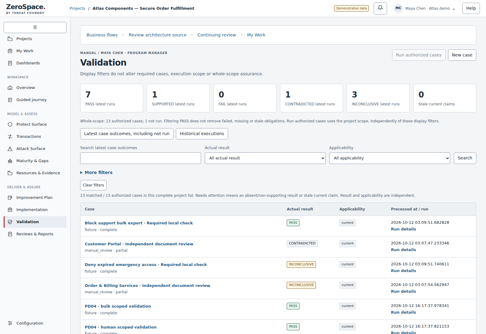 ZeroSpace validation with mixed recorded outcomes [s]